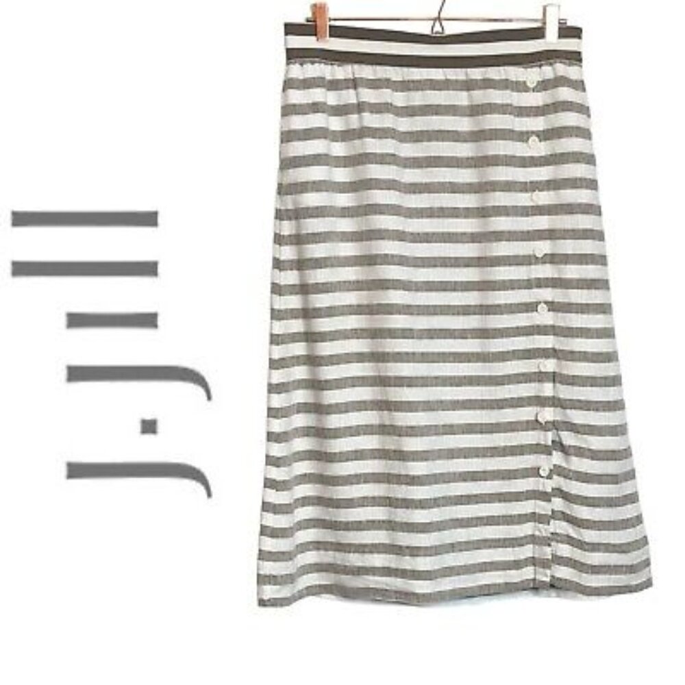 J Jill Love  100% Linen Brown and White Striped Midi Pull Up Skirt